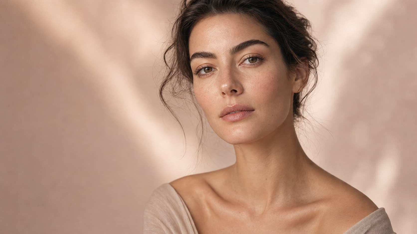 Editorial beauty portrait placeholder with natural skin and refined brows